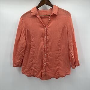 120% Lino Top Shirt Womens 12 Orange Pink Coral Linen Beachy Minimalist Button
